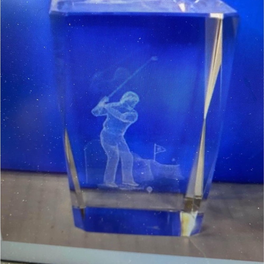 Golfer 3D laser etched glass paperweight excellent condition